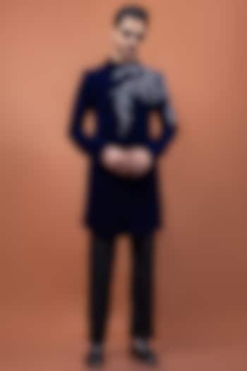 Azure Blue Velvet Dabka Embroidered Wedding Indowestern Set by PAARSH at Pernia's Pop Up Shop