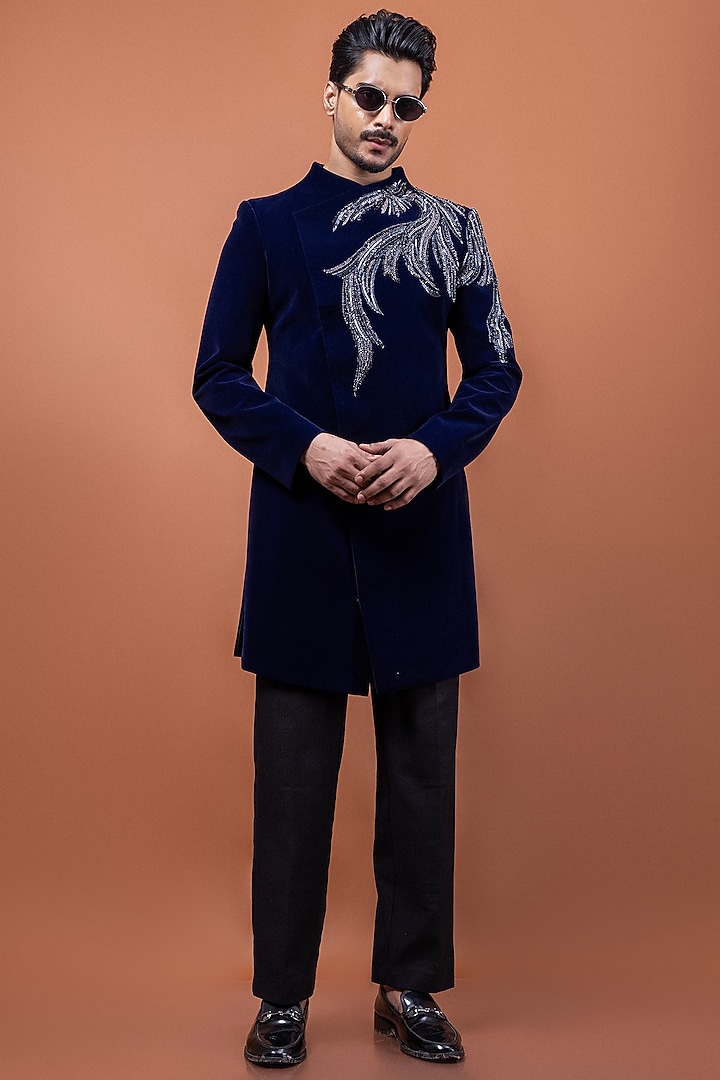 Azure Blue Velvet Dabka Embroidered Wedding Indowestern Set by PAARSH at Pernia's Pop Up Shop