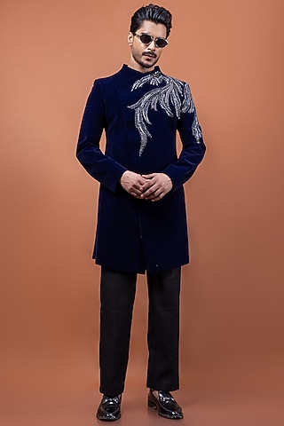 Azure Blue Velvet Dabka Embroidered Indowestern Set by PAARSH