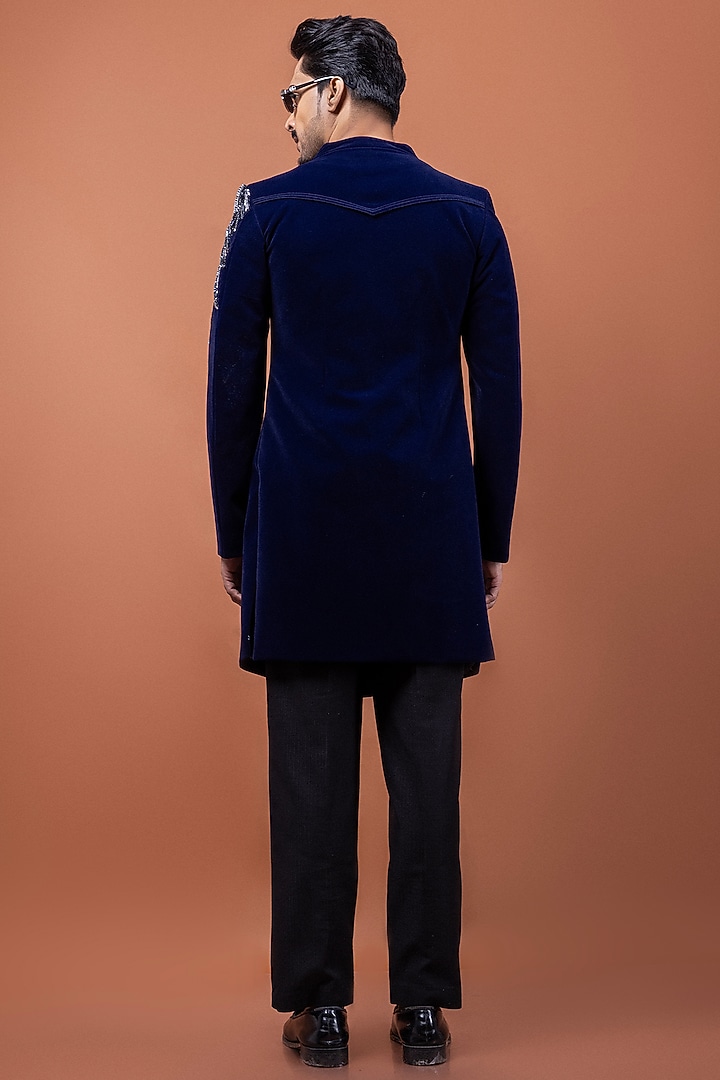 Azure Blue Velvet Dabka Embroidered Wedding Indowestern Set by PAARSH at Pernia's Pop Up Shop