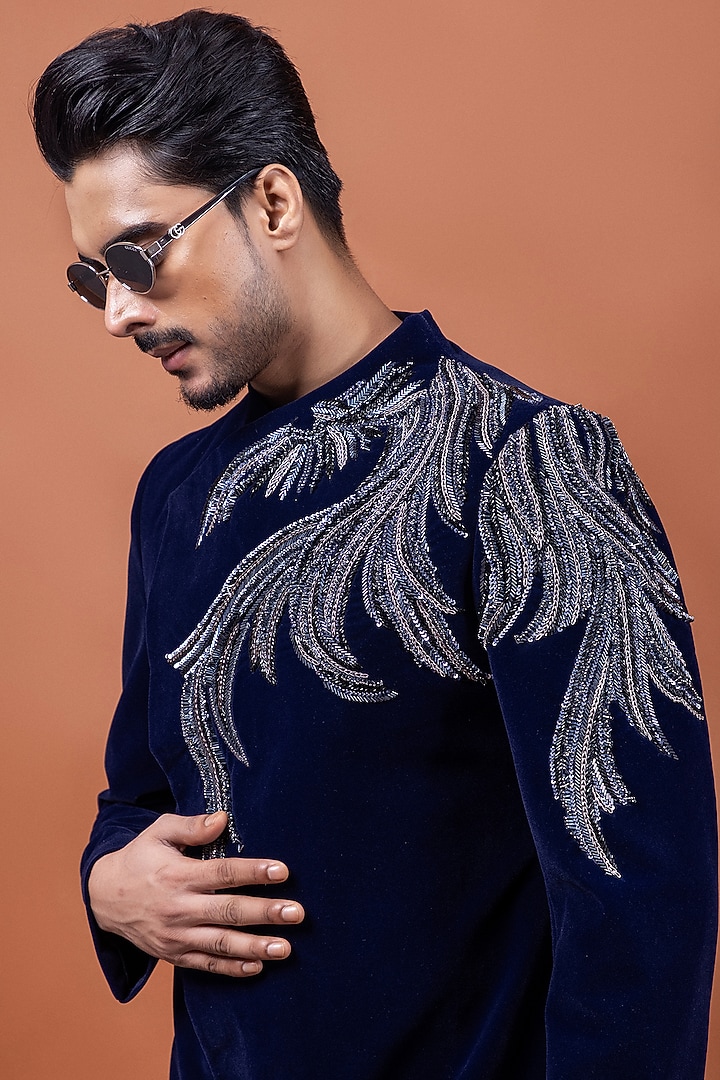 Azure Blue Velvet Dabka Embroidered Wedding Indowestern Set by PAARSH at Pernia's Pop Up Shop