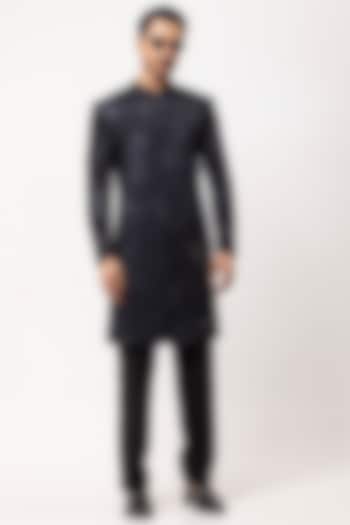 Charcoal Grey Linen Satin Cutdana Embellished Wedding Indowestern Set by PAARSH at Pernia's Pop Up Shop