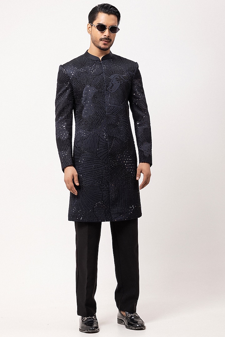 Charcoal Grey Linen Satin Cutdana Embellished Wedding Indowestern Set by PAARSH at Pernia's Pop Up Shop