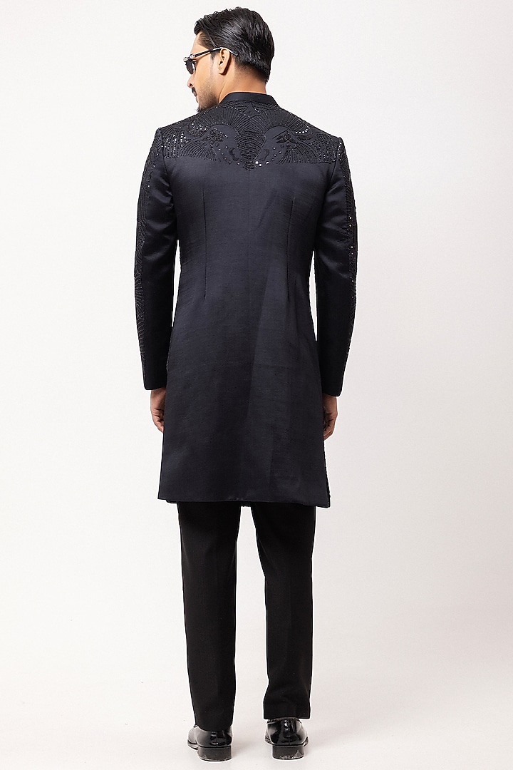 Charcoal Grey Linen Satin Cutdana Embellished Wedding Indowestern Set by PAARSH at Pernia's Pop Up Shop