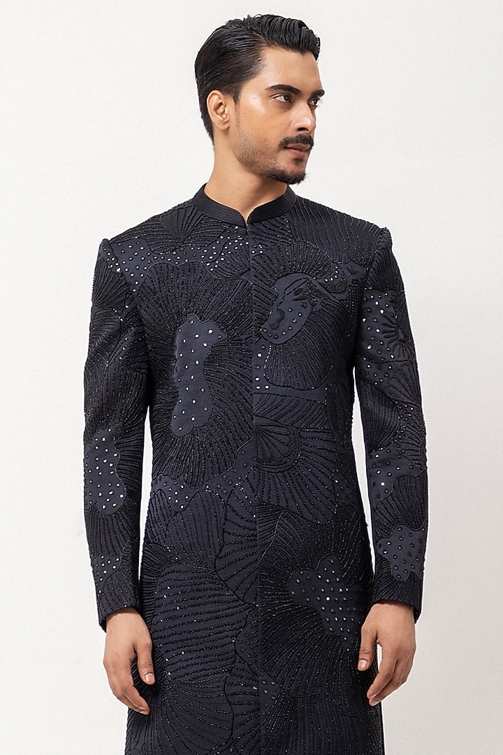 Charcoal Grey Linen Satin Cutdana Embellished Wedding Indowestern Set by PAARSH at Pernia's Pop Up Shop