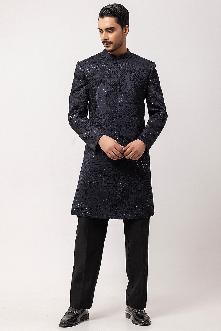 Charcoal Grey Linen Satin Cutdana Embellished Wedding Indowestern Set by PAARSH at Pernia's Pop Up Shop