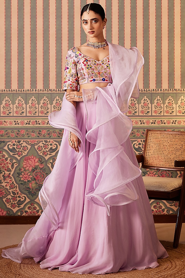 Lavender Organza Cutdana Work Wedding Lehenga Set by Pankti Chheda at Pernia's Pop Up Shop