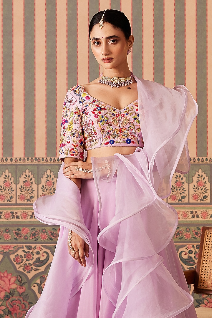 Lavender Organza Cutdana Work Wedding Lehenga Set by Pankti Chheda at Pernia's Pop Up Shop