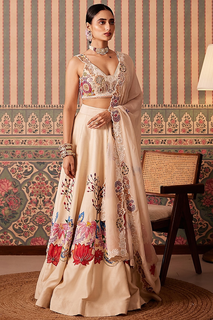 Ivory Silk Floral Applique Embellished Bridal Lehenga Set by Pankti Chheda at Pernia's Pop Up Shop