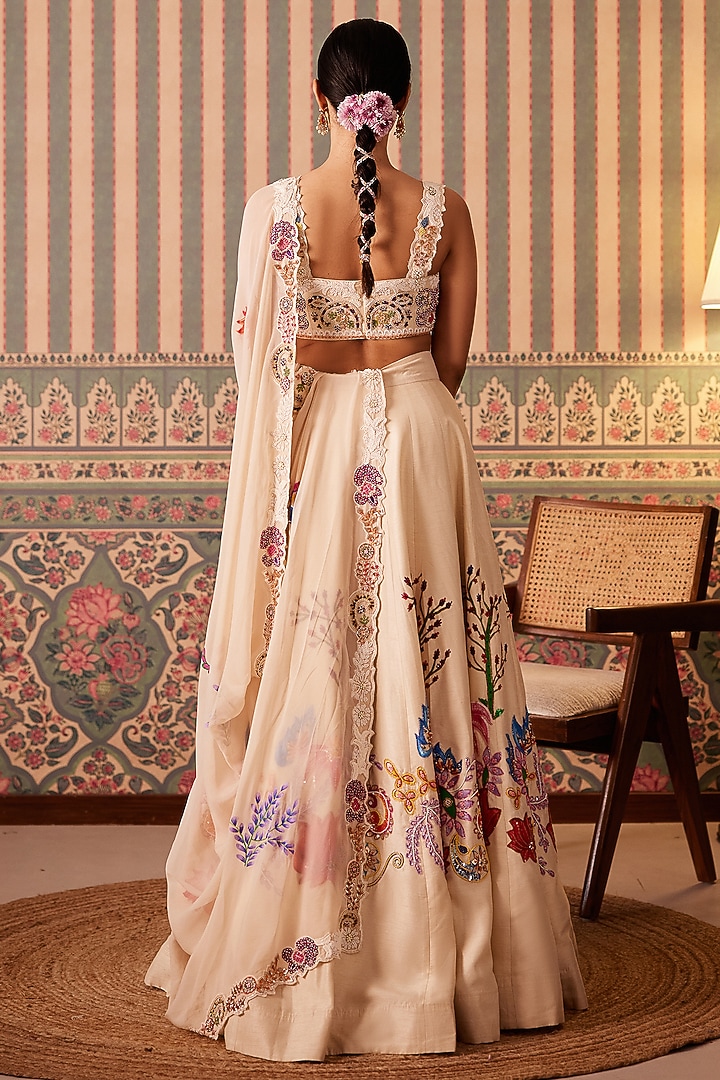 Ivory Silk Floral Applique Embellished Wedding Lehenga Set by Pankti Chheda at Pernia's Pop Up Shop
