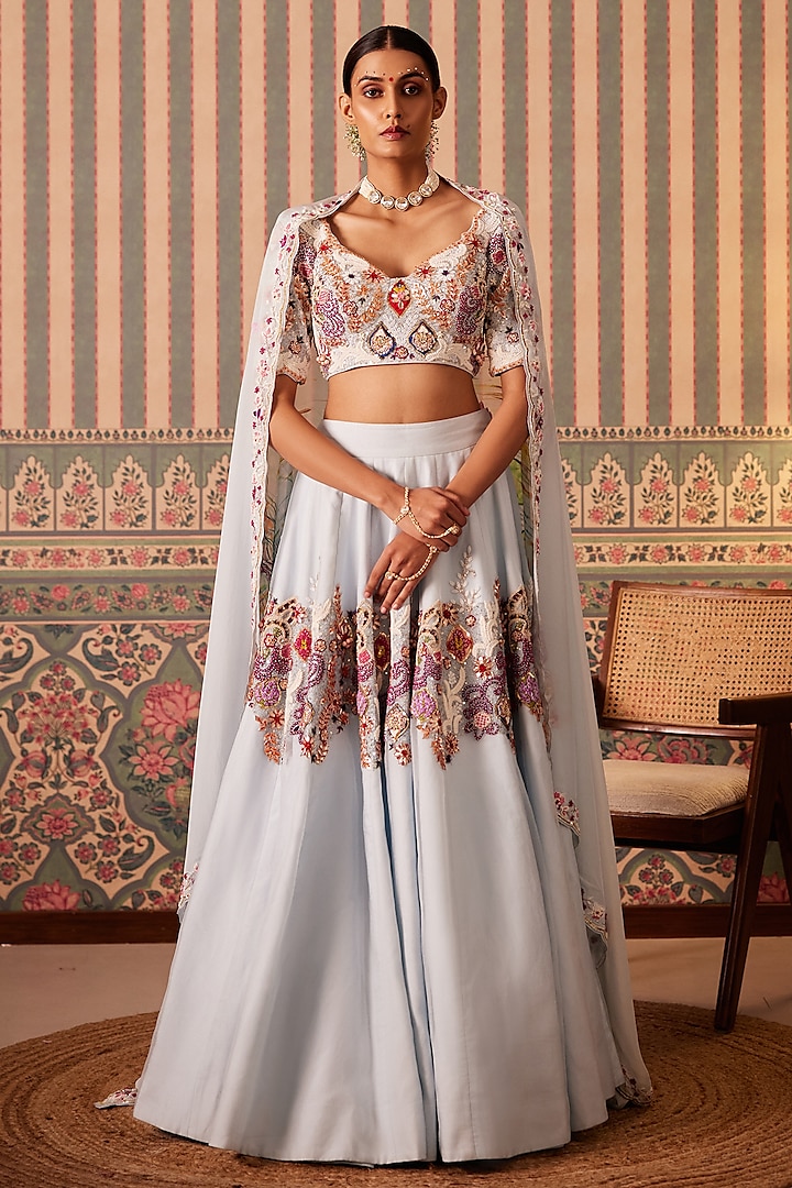 Powder Blue Silk & Organza Floral Applique Embellished Bridal Lehenga Set by Pankti Chheda at Pernia's Pop Up Shop