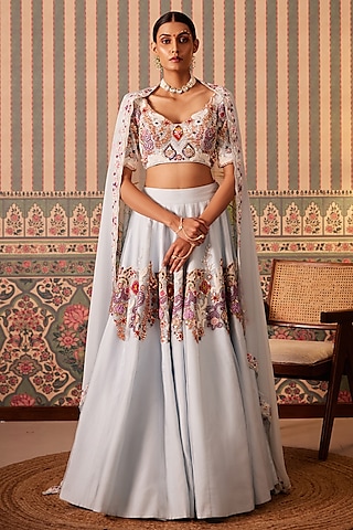 Powder Blue Silk & Organza Floral Applique Embellished Lehenga Set by Pankti Chheda