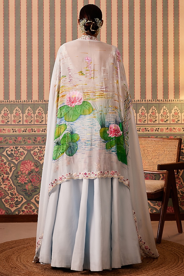 Powder Blue Silk & Organza Floral Applique Embellished Wedding Lehenga Set by Pankti Chheda at Pernia's Pop Up Shop