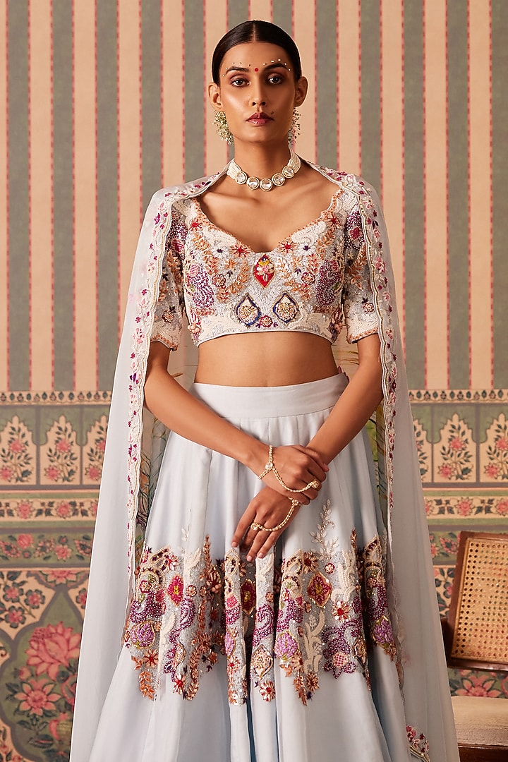 Powder Blue Silk & Organza Floral Applique Embellished Wedding Lehenga Set by Pankti Chheda at Pernia's Pop Up Shop