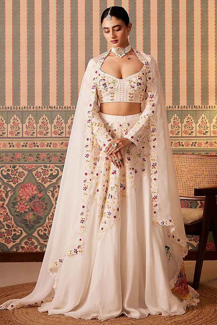 White Silk & Organza Floral Embroidered Wedding Lehenga Set by Pankti Chheda at Pernia's Pop Up Shop