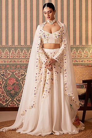 White Silk & Organza Floral Embroidered Lehenga Set by Pankti Chheda
