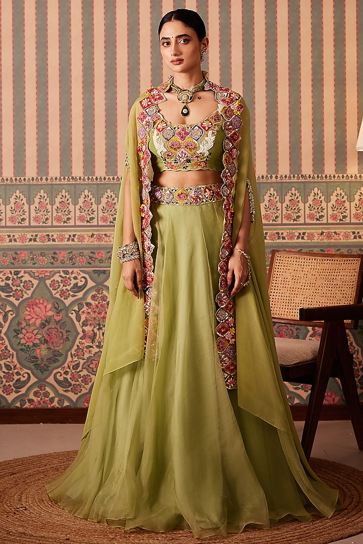 Green Silk & Organza Floral Applique Hand Embroidered Jacket Wedding Lehenga Set by Pankti Chheda at Pernia's Pop Up Shop