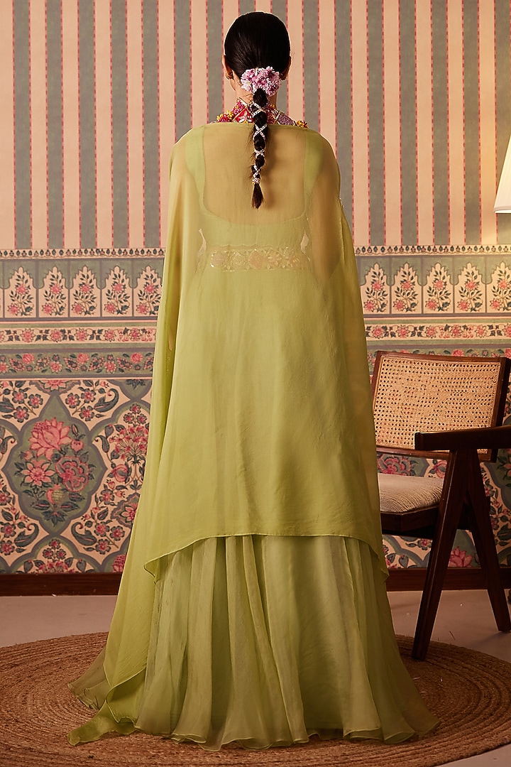 Green Silk & Organza Floral Applique Hand Embroidered Jacket Wedding Lehenga Set by Pankti Chheda at Pernia's Pop Up Shop