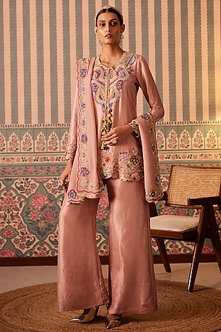 Blush Pink Silk & Organza Hand Embellished Palazzo Pant Set by Pankti Chheda