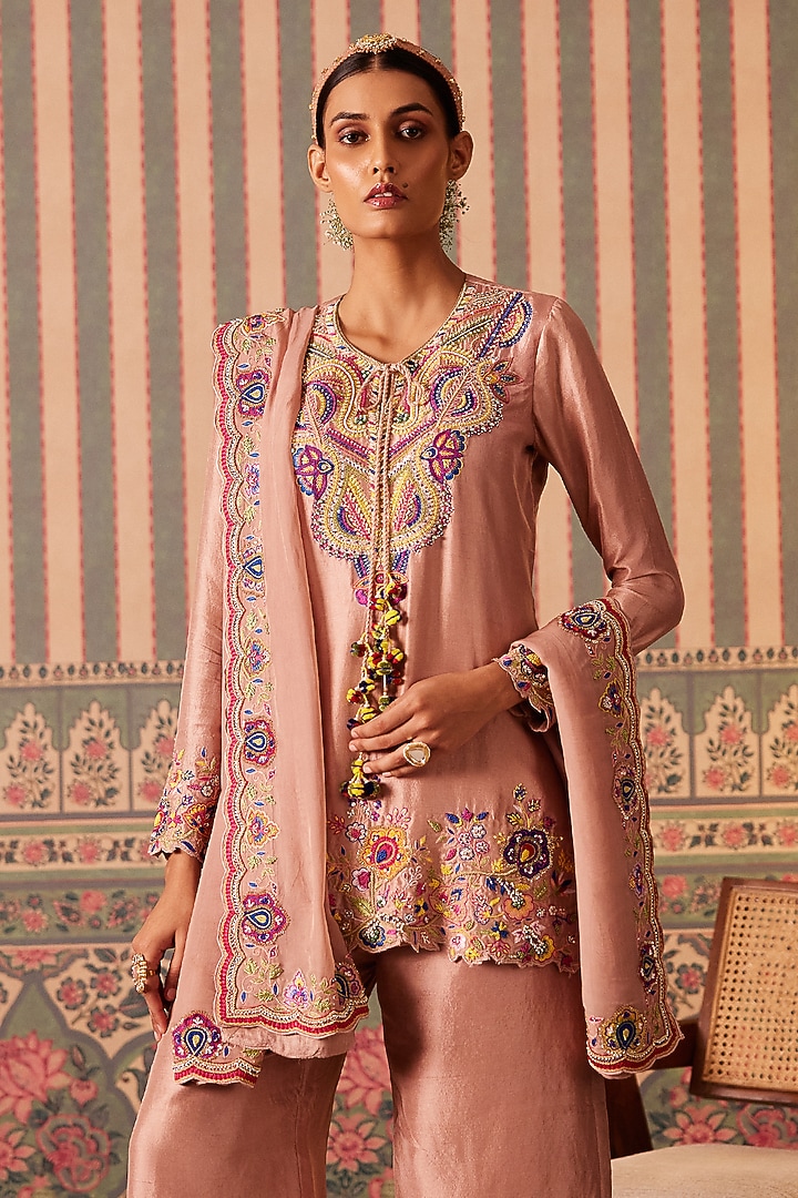 Blush Pink Silk & Organza Hand Embellished Palazzo Pant Set by Pankti Chheda at Pernia's Pop Up Shop