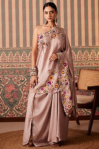 Mauve Silk Floral Applique Embellished One-Shoulder Cape Set by Pankti Chheda