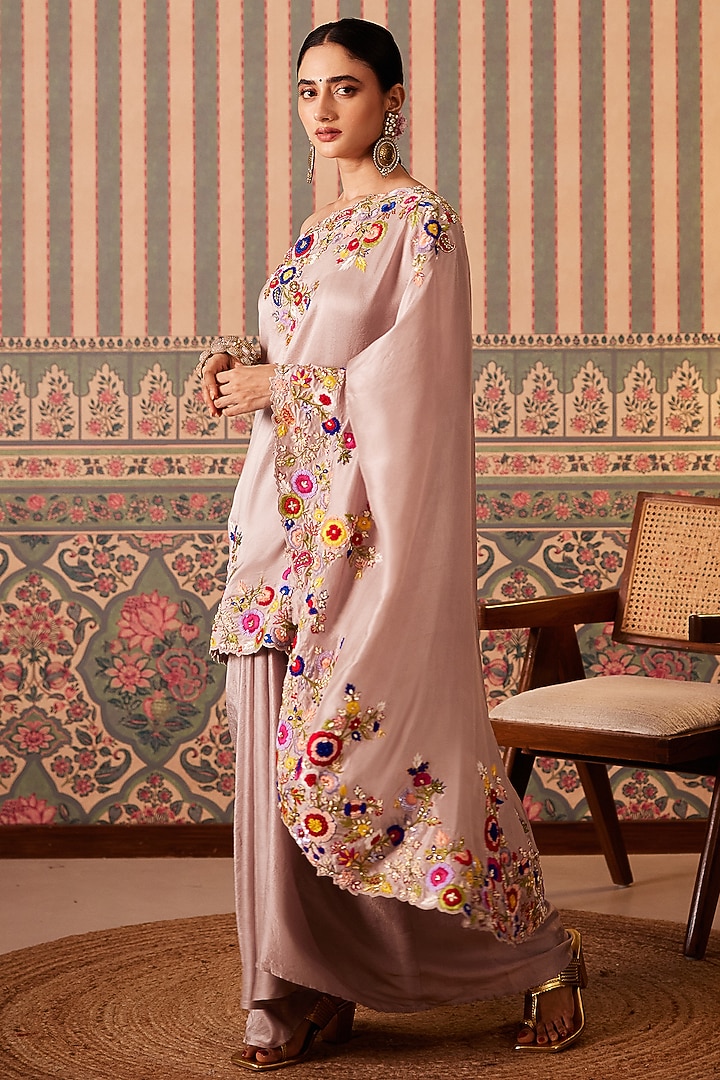 Mauve Silk Floral Applique Embellished One-Shoulder Cape Set by Pankti Chheda at Pernia's Pop Up Shop