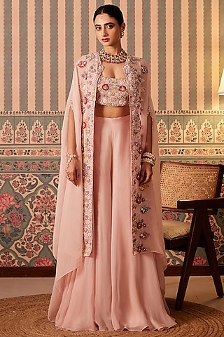 Pink Silk & Organza Pearl Hand Embroidered Sharara Set by Pankti Chheda