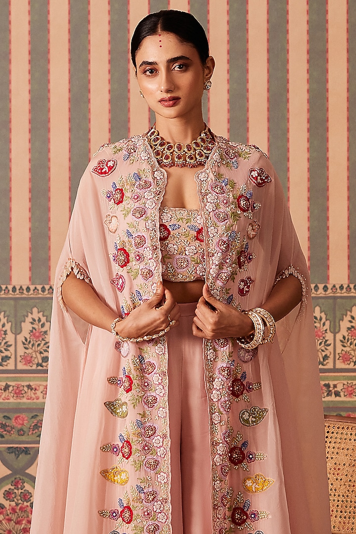 Pink Silk & Organza Pearl Hand Embroidered Bridal Sharara Set by Pankti Chheda at Pernia's Pop Up Shop