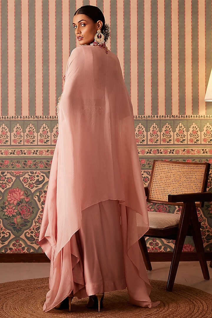 Blush Pink Silk & Organza Applique Cutwork Draped Skirt Set by Pankti Chheda at Pernia's Pop Up Shop