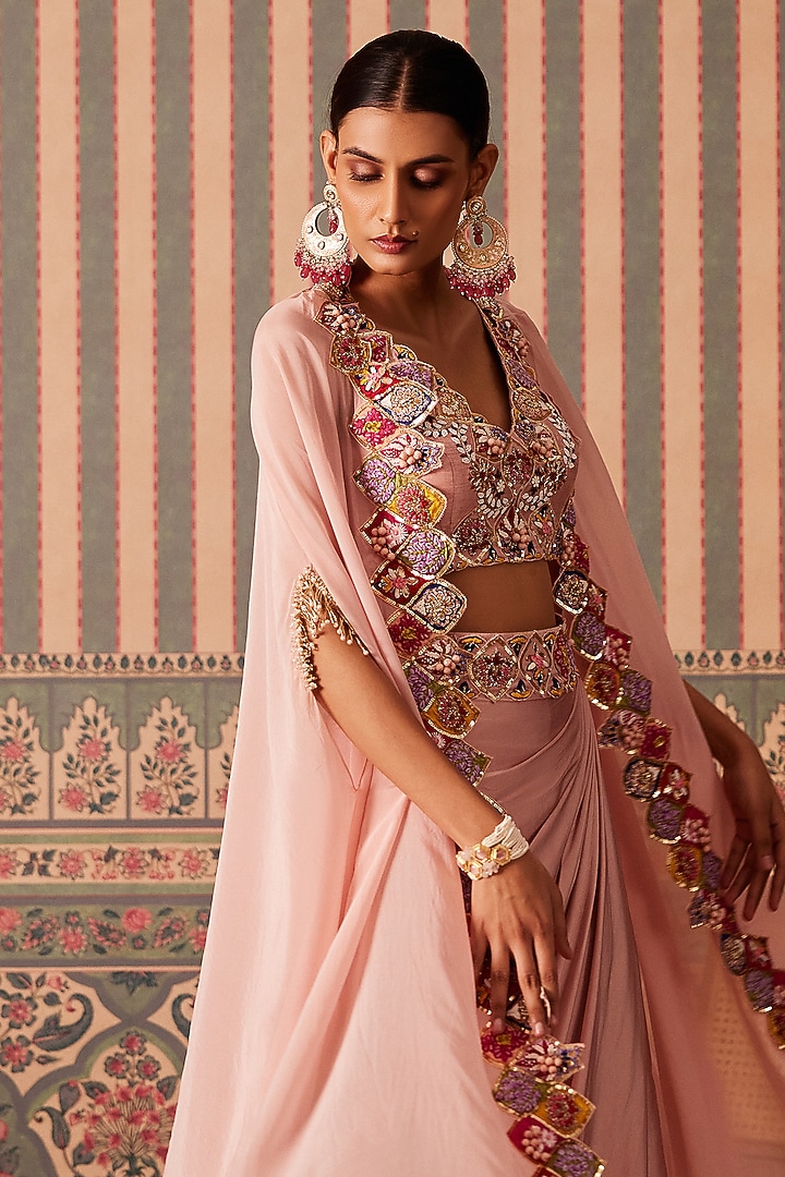Blush Pink Silk & Organza Applique Cutwork Draped Skirt Set by Pankti Chheda at Pernia's Pop Up Shop