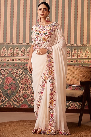 White Silk & Organza Cutwork Handwork Saree Set by Pankti Chheda