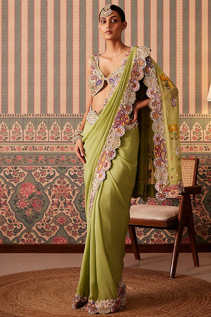 Light Green Silk & Organza Floral Motifs Hand Embroidered Saree Set by Pankti Chheda at Pernia's Pop Up Shop