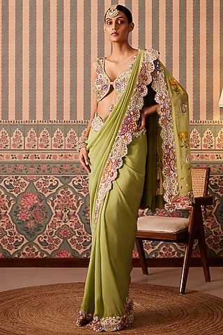 Light Green Silk & Organza Floral Motifs Hand Embroidered Saree Set by Pankti Chheda