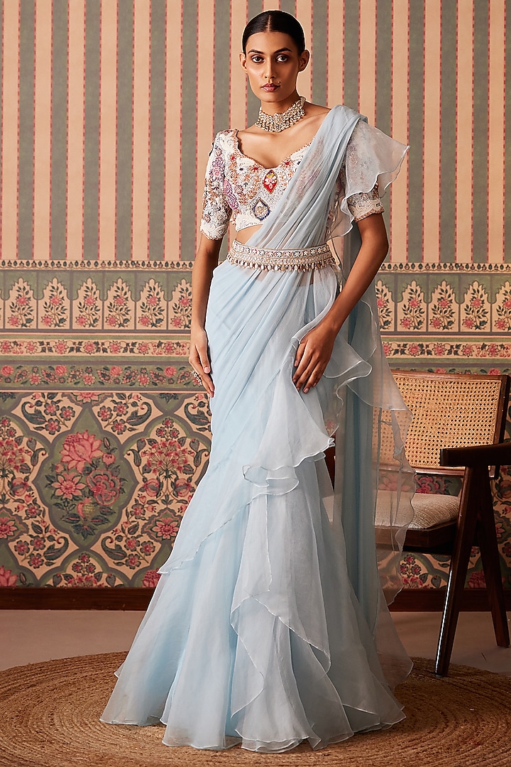 Powder Blue Chiffon & Organza Ruffled Pre-Draped Saree Set by Pankti Chheda at Pernia's Pop Up Shop