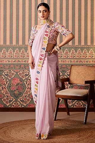 Lavender Silk & Organza Sequins Work Saree Set by Pankti Chheda