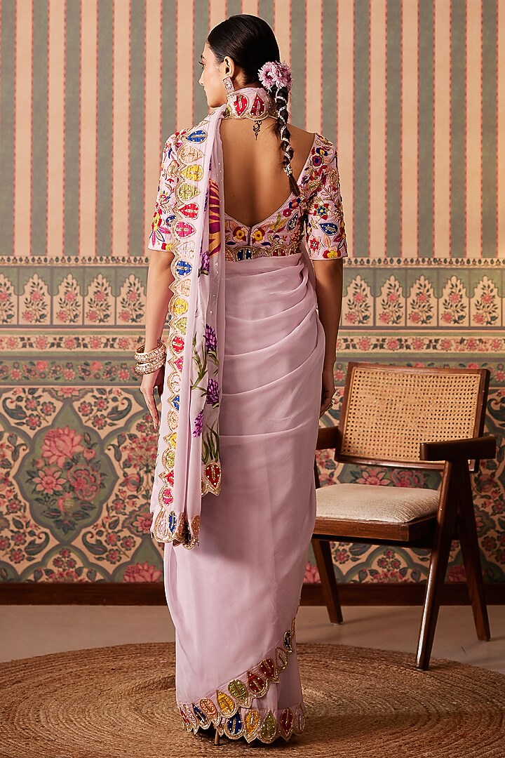 Lavender Silk & Organza Sequins Work Wedding Saree Set by Pankti Chheda at Pernia's Pop Up Shop