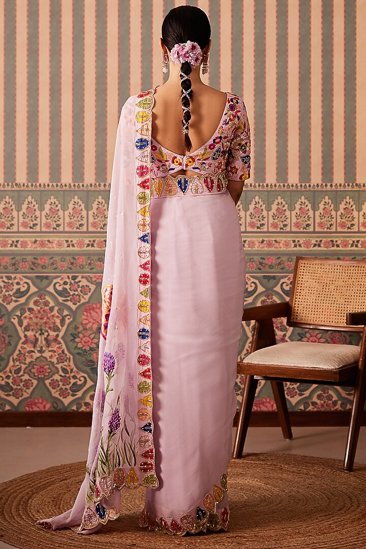 Lavender Silk & Organza Sequins Work Wedding Saree Set by Pankti Chheda at Pernia's Pop Up Shop