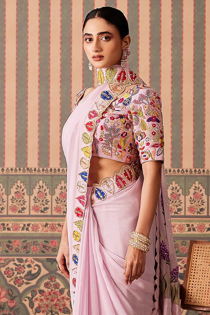 Lavender Silk & Organza Sequins Work Wedding Saree Set by Pankti Chheda at Pernia's Pop Up Shop