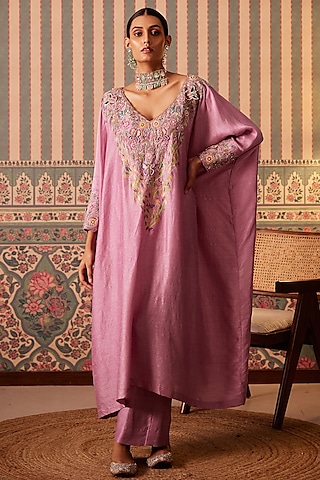 Dusty Rose Silk Sequins Hand Embroidered Kaftan Set by Pankti Chheda