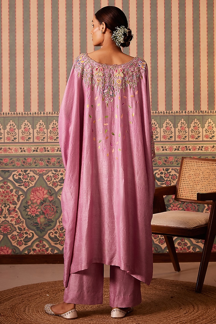 Dusty Rose Silk Sequins Hand Embroidered Kaftan Set by Pankti Chheda at Pernia's Pop Up Shop