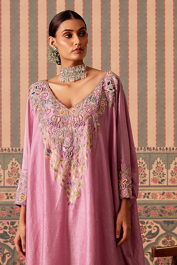 Dusty Rose Silk Sequins Hand Embroidered Kaftan Set by Pankti Chheda at Pernia's Pop Up Shop