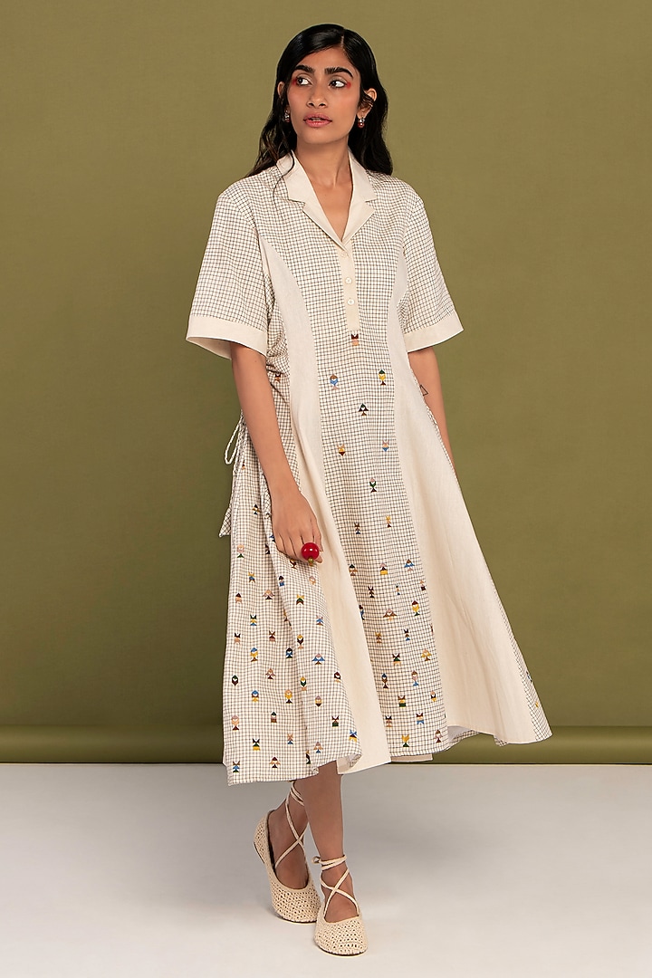 White Muslin Cotton Embroidered Checkered Flared Summer Dress by Priya Agarwal at Pernia's Pop Up Shop