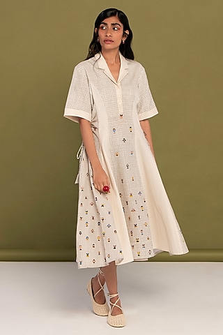 White Muslin Cotton Embroidered Checkered Flared Dress by Priya Agarwal