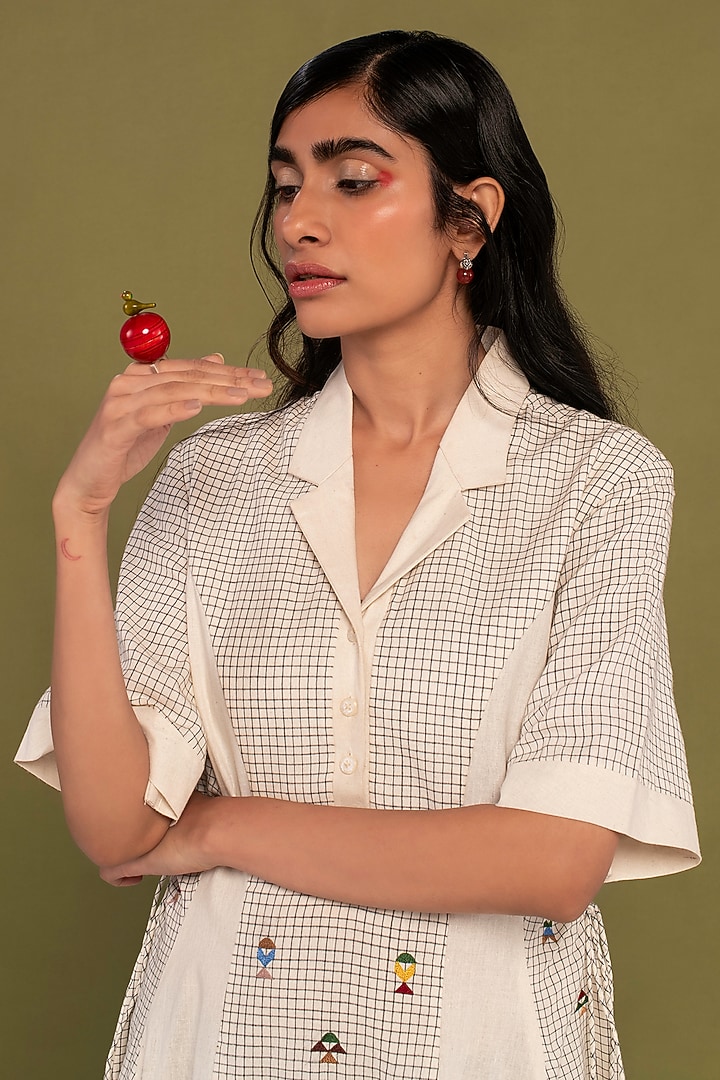 White Muslin Cotton Embroidered Checkered Flared Summer Dress by Priya Agarwal at Pernia's Pop Up Shop