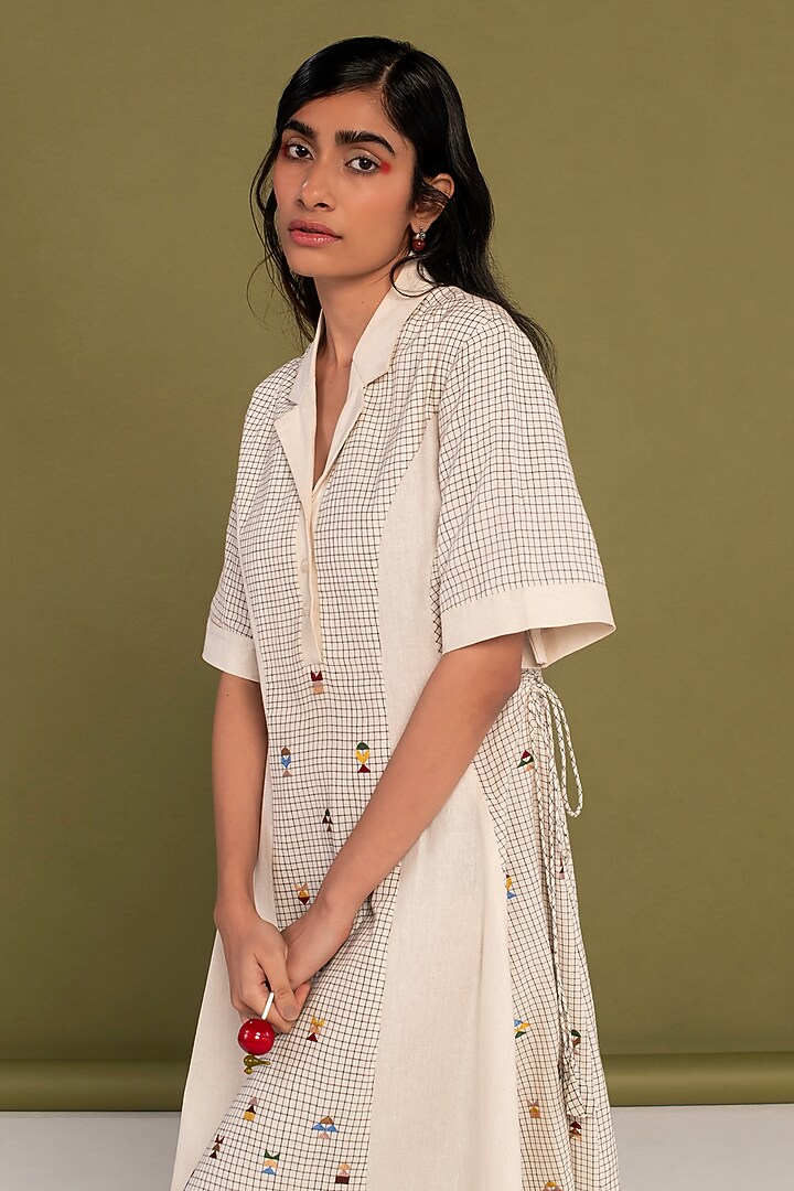 White Muslin Cotton Embroidered Checkered Flared Summer Dress by Priya Agarwal at Pernia's Pop Up Shop