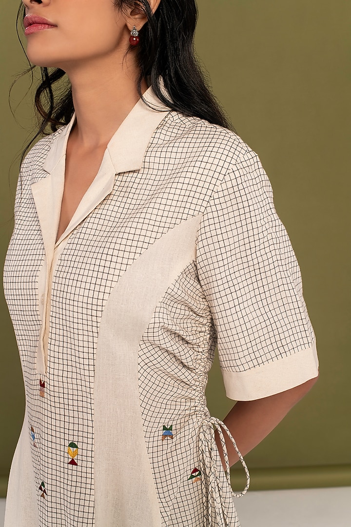 White Muslin Cotton Embroidered Checkered Flared Summer Dress by Priya Agarwal at Pernia's Pop Up Shop