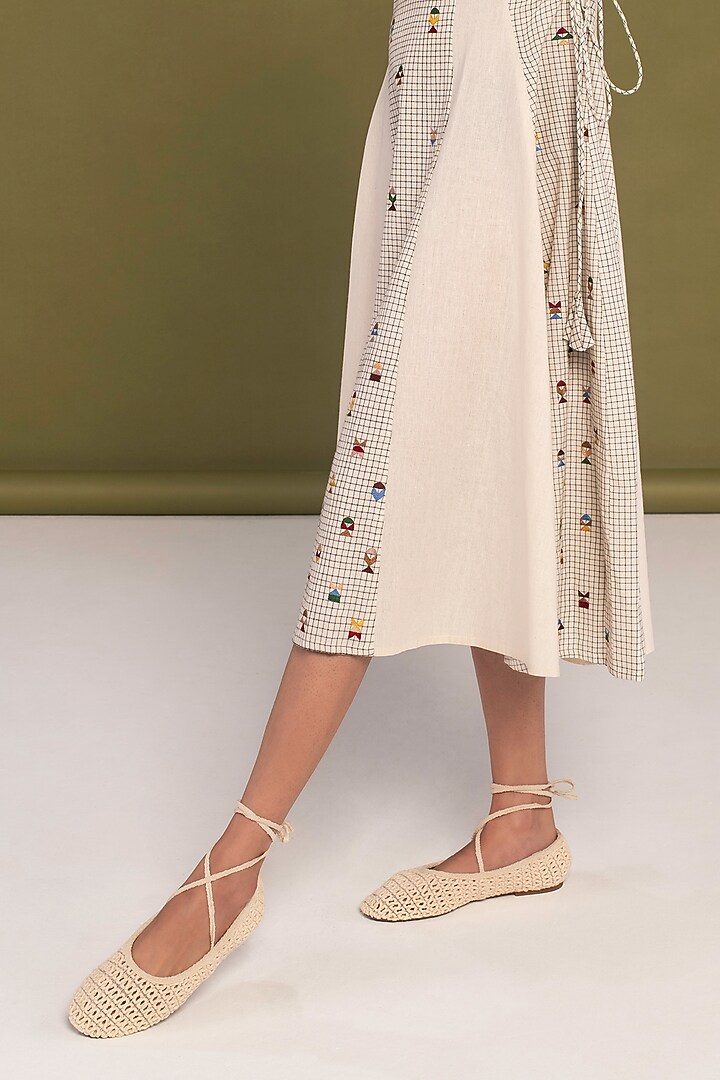 White Muslin Cotton Embroidered Checkered Flared Summer Dress by Priya Agarwal at Pernia's Pop Up Shop
