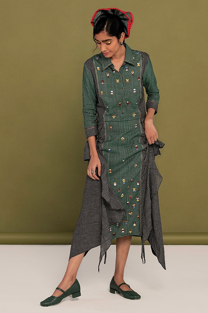 Green & Black Cotton Embroidered Checkered Ruffled Summer Shirt Dress by Priya Agarwal at Pernia's Pop Up Shop