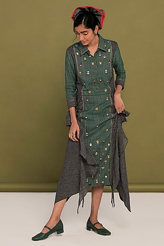 Green & Black Cotton Embroidered Checkered Ruffled Shirt Dress by Priya Agarwal