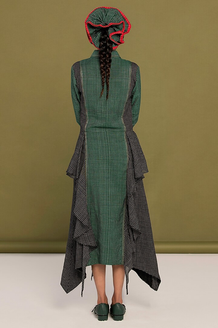 Green & Black Cotton Embroidered Checkered Ruffled Summer Shirt Dress by Priya Agarwal at Pernia's Pop Up Shop